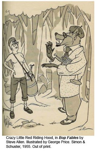 Cartoon of crazy red riding hood meeting hip jazzy wolf